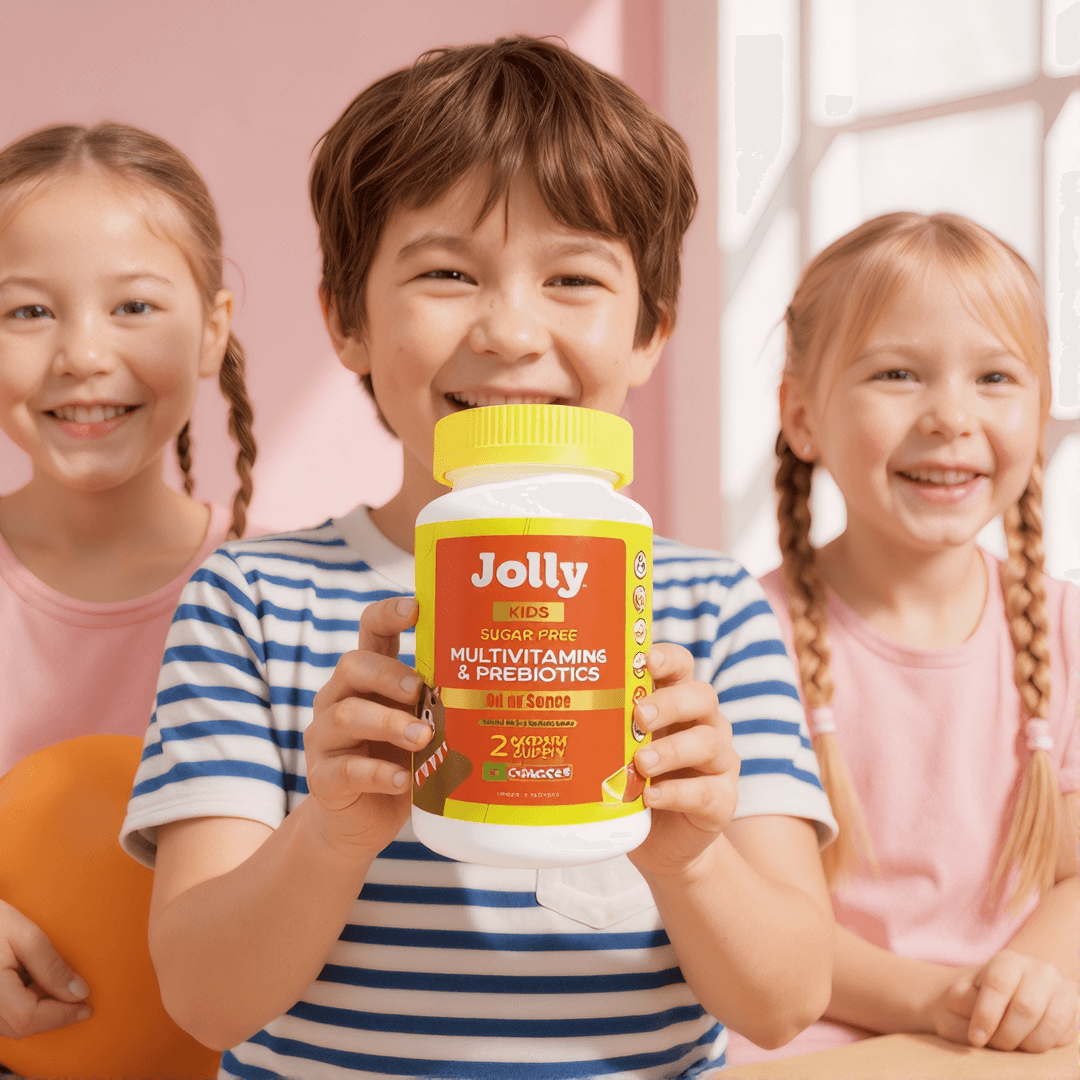 Happy kids with Jolly Kids Multivitamins bottle