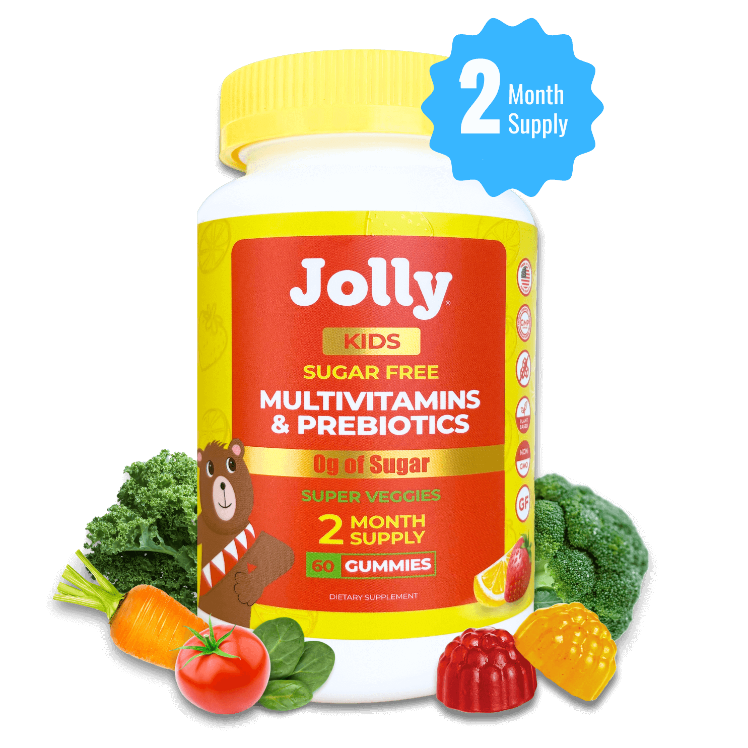 Jolly Kids Sugar Free Multivitamins & Prebiotics - 2 Month Supply with fresh vegetables